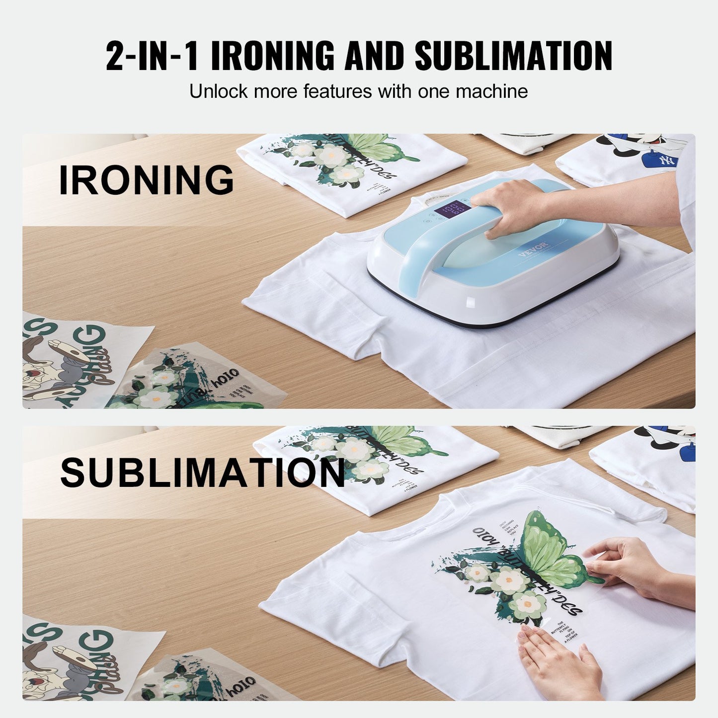 Heat Press Machine, 12 x 10 inches Portable Heat Press, Dual-Tube Even Heating, Heat Transfer Machine with Precise Temp Control and Auto-Off, Sublimation Machine for T-shirts/Bags, Blue+White