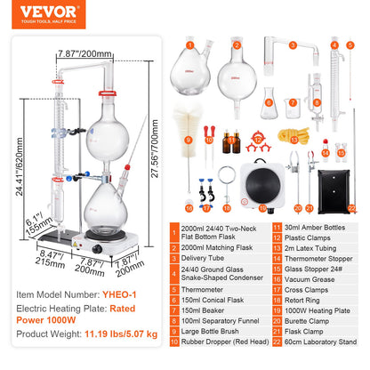 Essential Oil Distillation Kit, 2000ml Distillation Apparatus, 3.3 Boro Lab Glassware Distillation Kit with 1000W Heating Plate and 24, 40 Joint, 28 pcs Set