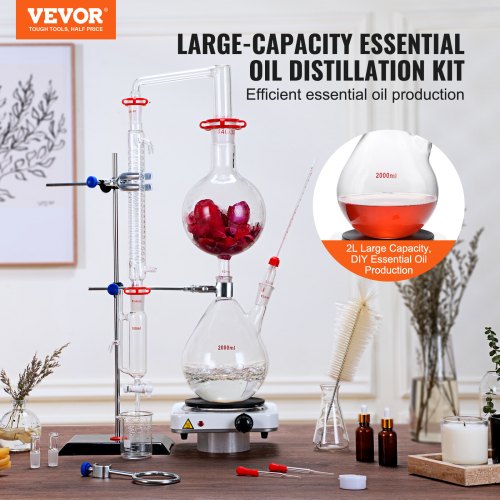 Essential Oil Distillation Kit, 2000ml Distillation Apparatus, 3.3 Boro Lab Glassware Distillation Kit with 1000W Hot Plate and 24, 40 Leds, 28 pcs Set | EU