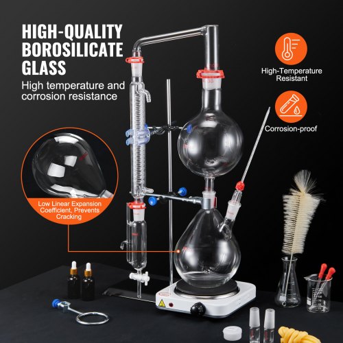 Essential Oil Distillation Kit, 2000ml Distillation Apparatus, 3.3 Boro Lab Glassware Distillation Kit with 1000W Hot Plate and 24, 40 Leds, 28 pcs Set | EU