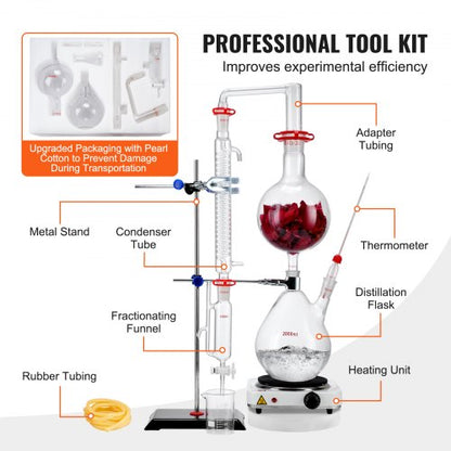 Essential Oil Distillation Kit, 2000ml Distillation Apparatus, 3.3 Boro Lab Glassware Distillation Kit with 1000W Hot Plate and 24, 40 Leds, 28 pcs Set | EU