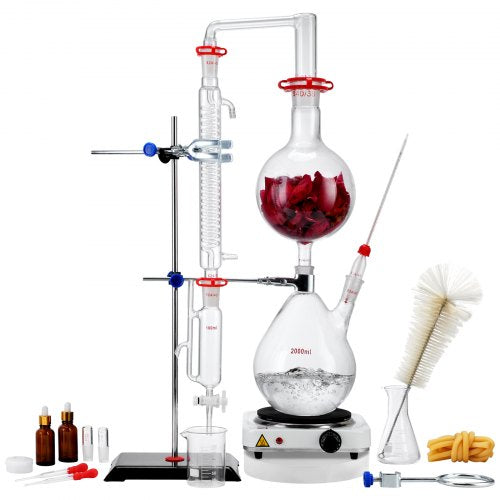 Essential Oil Distillation Kit, 2000ml Distillation Apparatus, 3.3 Boro Lab Glassware Distillation Kit with 1000W Hot Plate and 24, 40 Leds, 28 pcs Set | EU