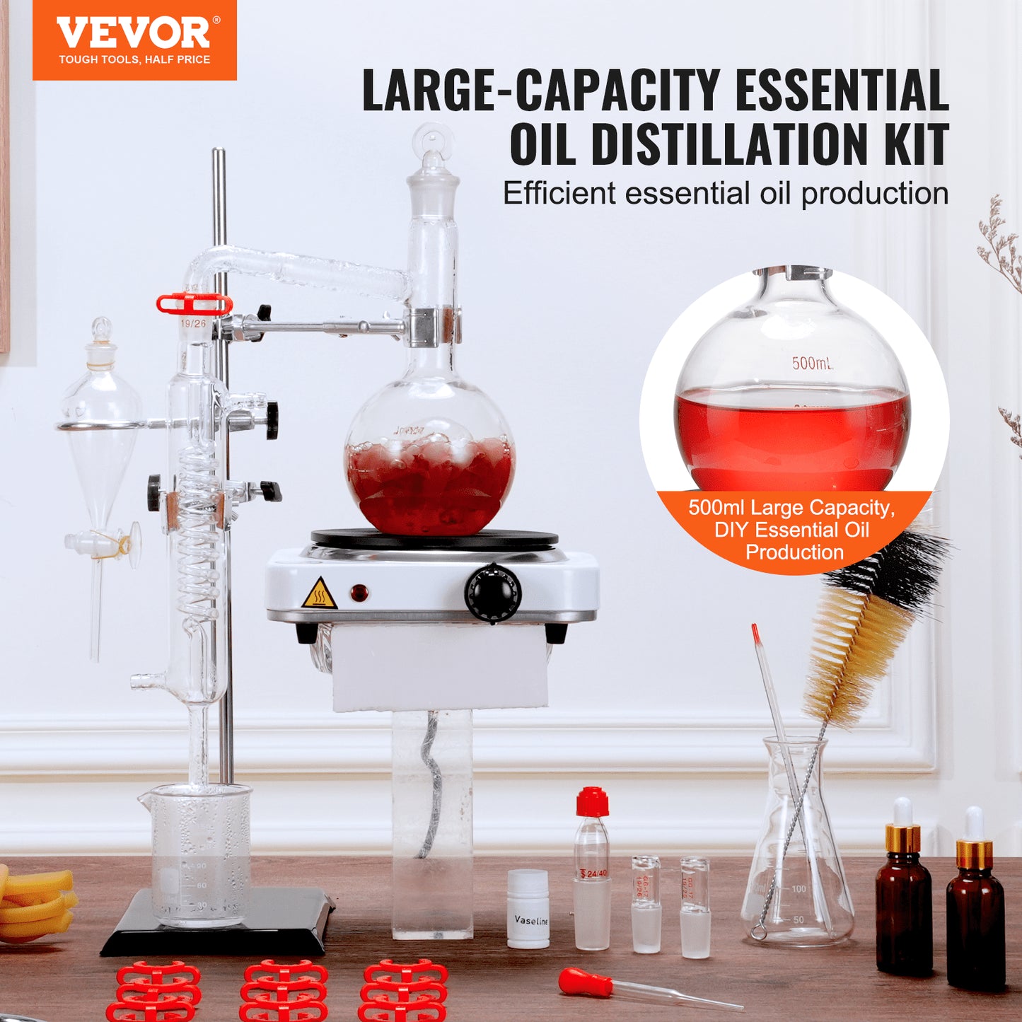 Essential Oil Distillation Kit, 500ml Distillation Apparatus, 3.3 Boro Lab Glassware Distillation Kit with 1000W Hot Plate and 24, 40 LEDs, 33 pcs Set