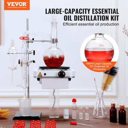 Essential Oil Distillation Kit, 500ml Distillation Apparatus, 3.3 Boro Lab Glassware Distillation Kit with 1000W Hot Plate and 24, 40 LEDs, 33 pcs Set