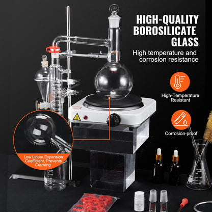 Essential Oil Distillation Kit, 500ml Distillation Apparatus, 3.3 Boro Lab Glassware Distillation Kit with 1000W Hot Plate and 24, 40 LEDs, 33 pcs Set