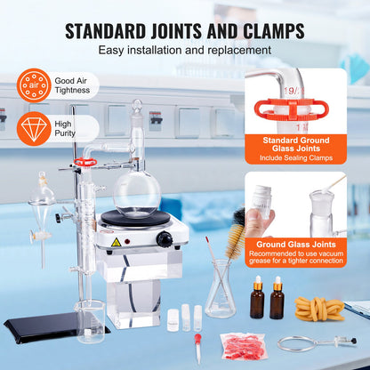 Essential Oil Distillation Kit, 500ml Distillation Apparatus, 3.3 Boro Lab Glassware Distillation Kit with 1000W Hot Plate and 24, 40 LEDs, 33 pcs Set