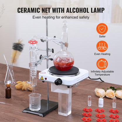 Essential Oil Distillation Kit, 500ml Distillation Apparatus, 3.3 Boro Lab Glassware Distillation Kit with 1000W Hot Plate and 24, 40 LEDs, 33 pcs Set