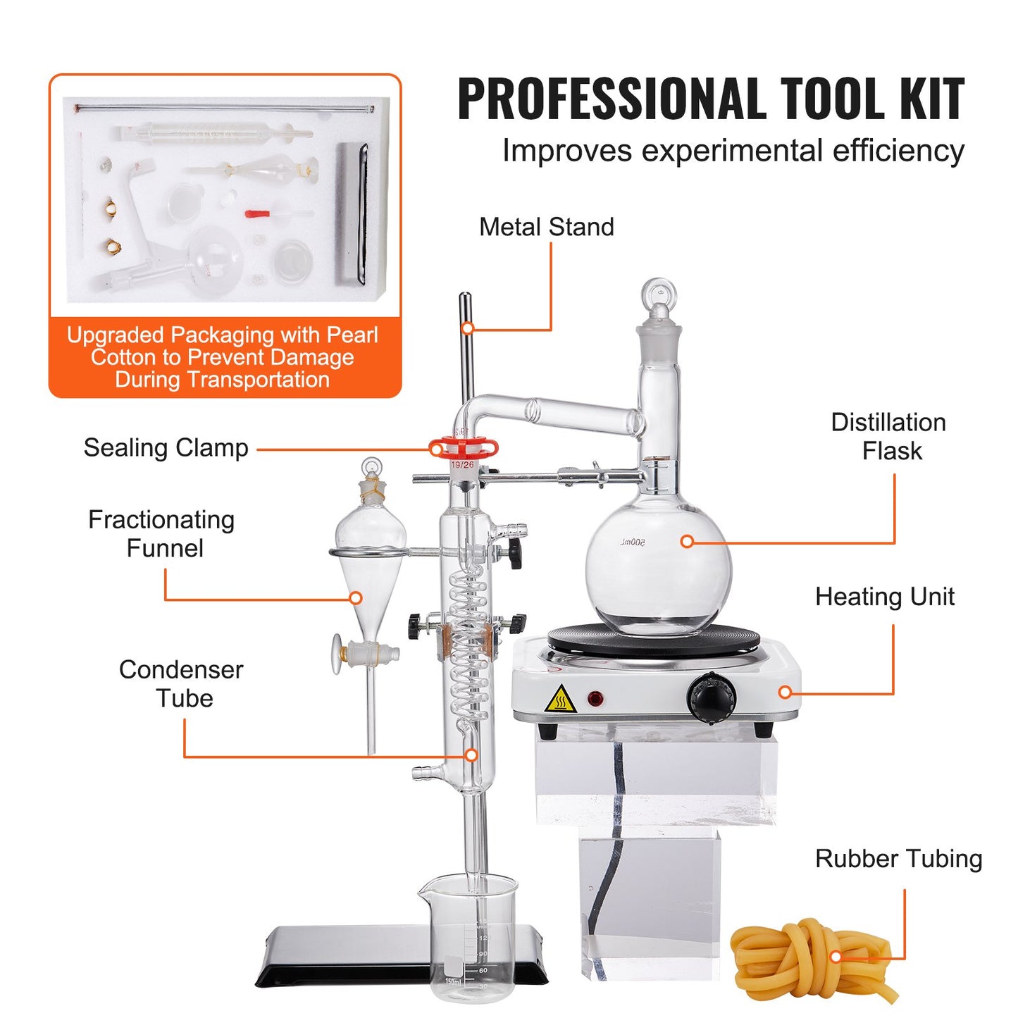 Essential Oil Distillation Kit, 500ml Distillation Apparatus, 3.3 Boro Lab Glassware Distillation Kit with 1000W Hot Plate and 24, 40 LEDs, 33 pcs Set