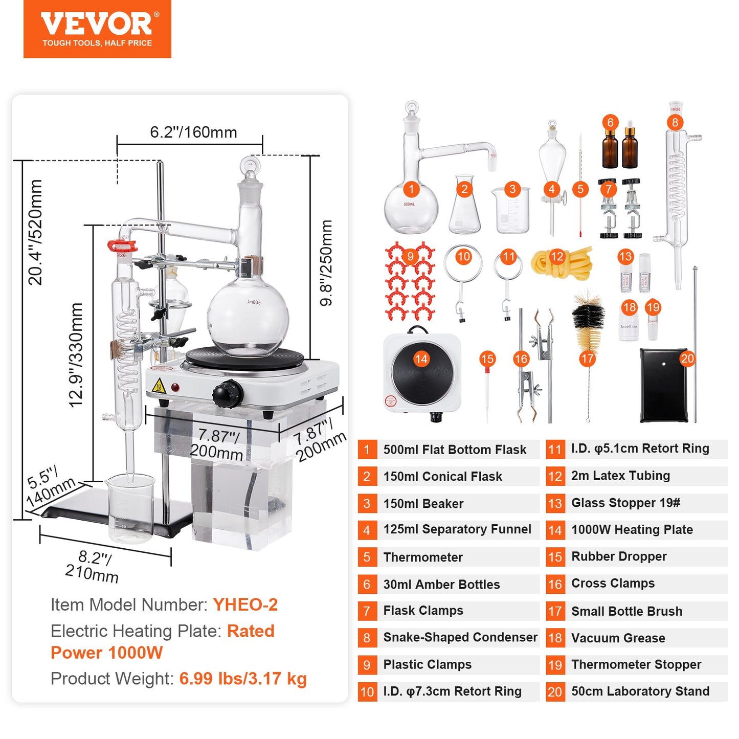Essential Oil Distillation Kit, 500ml Distillation Apparatus, 3.3 Boro Lab Glassware Distillation Kit with 1000W Hot Plate and 24, 40 LEDs, 33 pcs Set