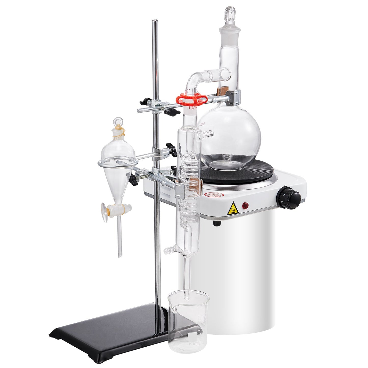 Essential Oil Distillation Kit, 500ml Distillation Apparatus, 3.3 Boro Lab Glassware Distillation Kit with 1000W Hot Plate and 24, 40 LEDs, 33 pcs Set