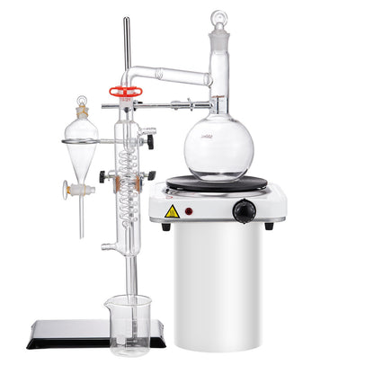 Essential Oil Distillation Kit, 500ml Distillation Apparatus, 3.3 Boro Lab Glassware Distillation Kit with 1000W Hot Plate and 24, 40 LEDs, 33 pcs Set