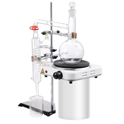 Essential Oil Distillation Kit, 500ml Distillation Apparatus, 3.3 Boro Lab Glassware Distillation Kit with 1000W Hot Plate and 24, 40 LEDs, 33 pcs Set
