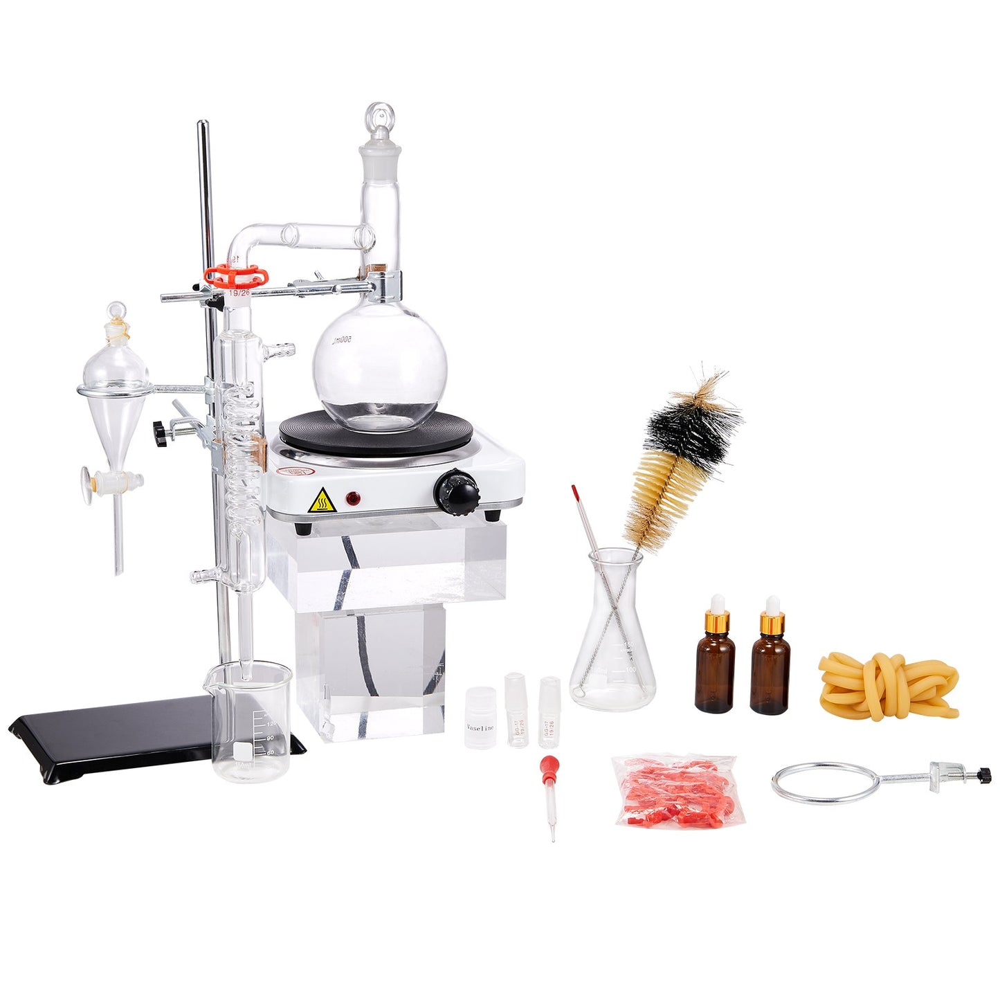 Essential Oil Distillation Kit, 500ml Distillation Apparatus, 3.3 Boro Lab Glassware Distillation Kit with 1000W Hot Plate and 24, 40 LEDs, 33 pcs Set
