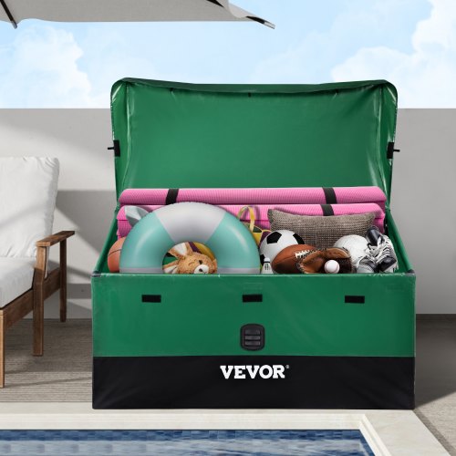 Outdoor Storage Box, 100 Gallon Waterproof PE Tarpaulin Deck Box with Galvanized Frame, All-Weather Protection & Portable, for Camping, Garden, Poolside, and Yard, Brown & Blue