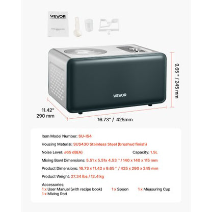 1.5 QT Automatic Ice Cream Maker with Built-in Compressor No Pre-Freezing | EU