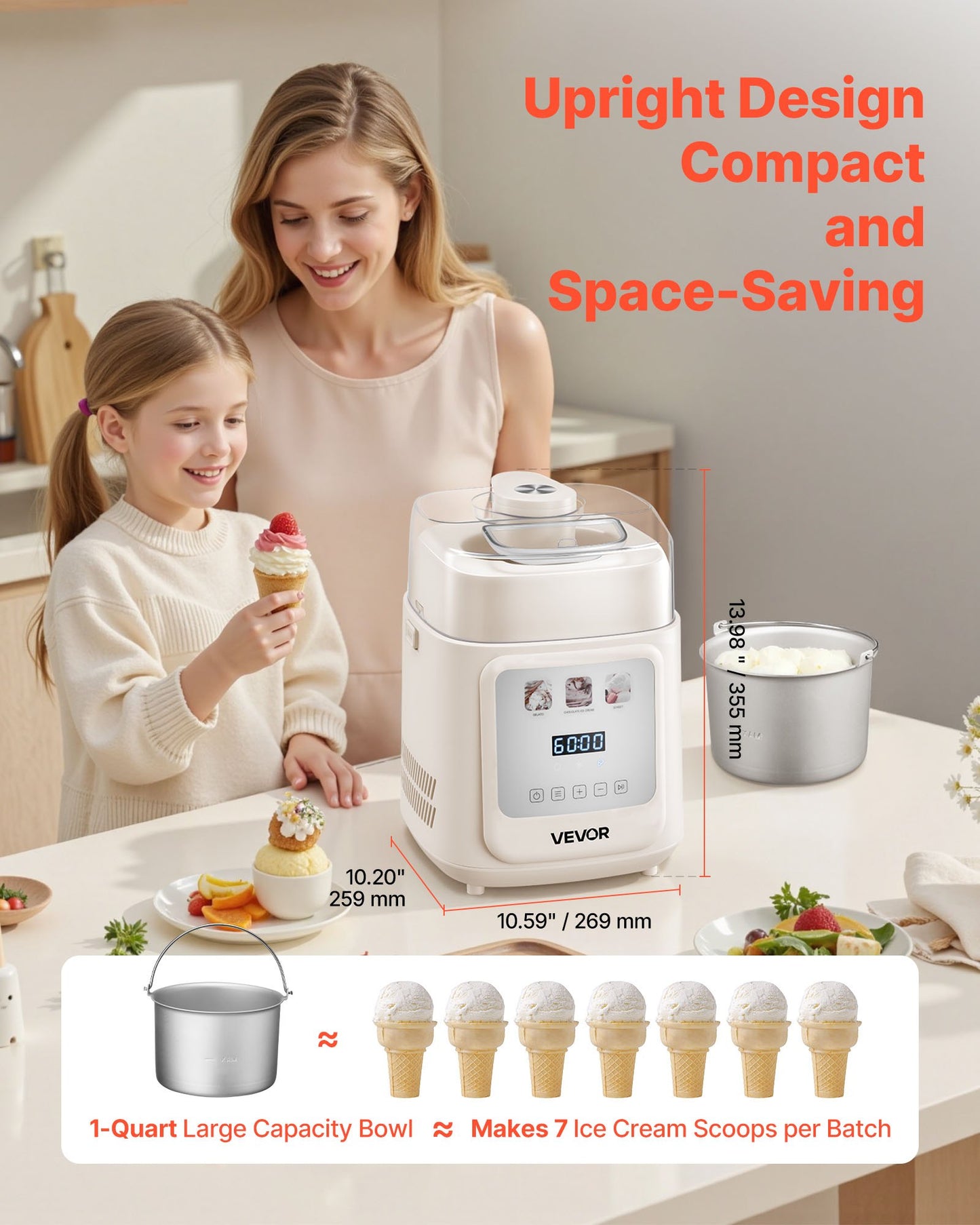 Upright Automatic Ice Cream Maker with Built-in Compressor, 1 Quart No Pre-freezing Gelato Maker & Frozen Yogurt Machine, 4 Modes Electric Sorbet-Maker, Compressor Ice Cream Machine for Home