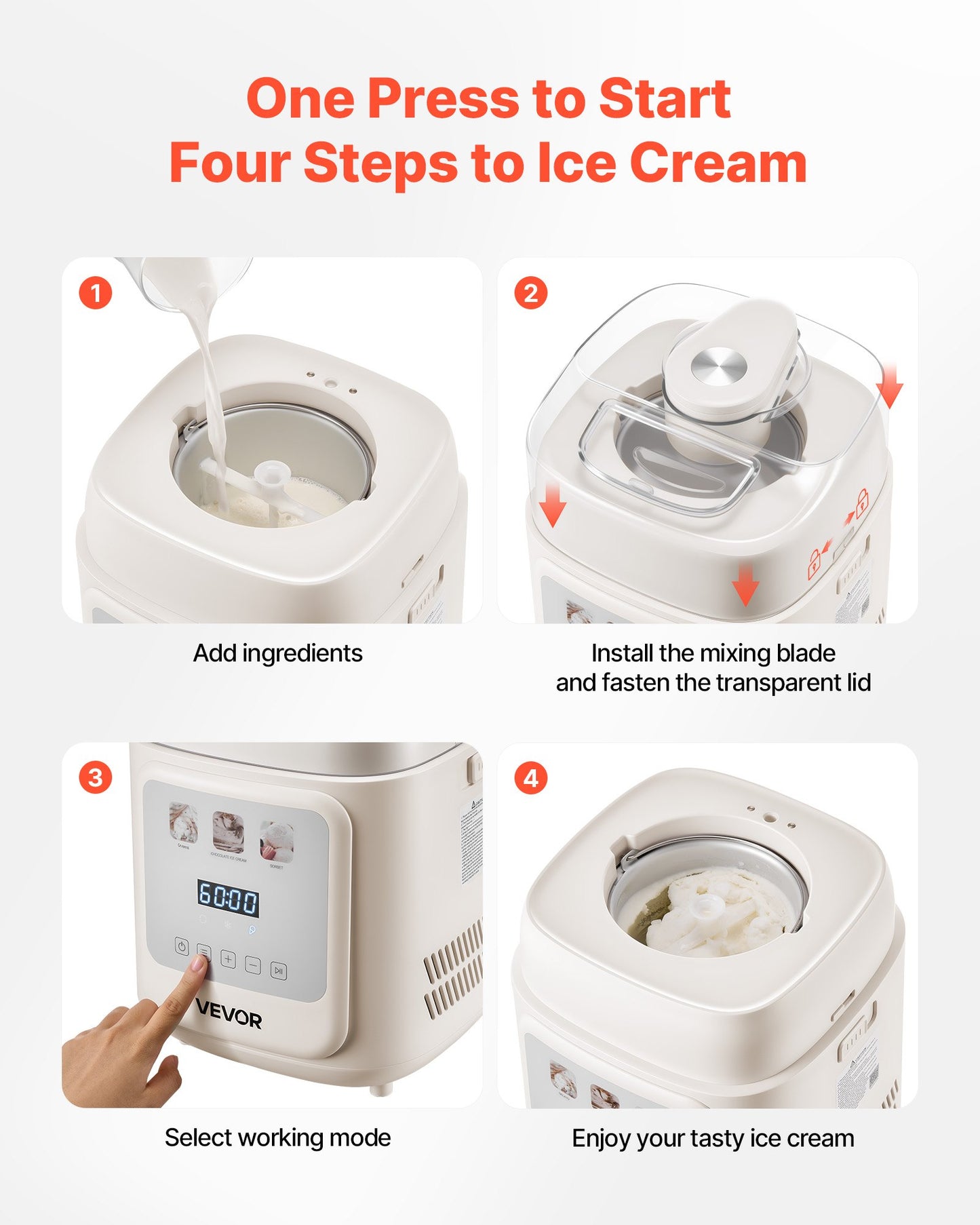 Upright Automatic Ice Cream Maker with Built-in Compressor, 1 Quart No Pre-freezing Gelato Maker & Frozen Yogurt Machine, 4 Modes Electric Sorbet-Maker, Compressor Ice Cream Machine for Home