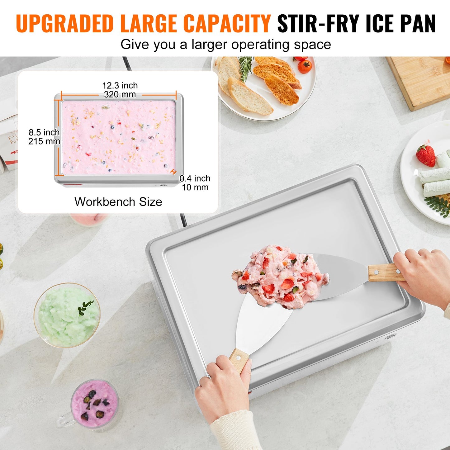 Fried Ice Cream Roll Machine, 12.6" x 8.5" Stir-Fried Ice Cream Pan, Stainless Steel Rolled Ice Cream Maker with Compressor and 2 Scrapers, for Making Ice Cream, Frozen Yogurt, Ice Cream Rolls