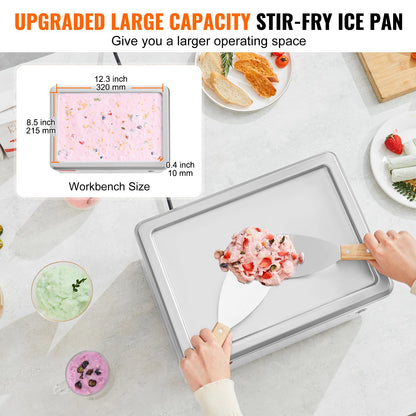 Fried Ice Cream Roll Machine, 12.6" x 8.5" Stir-Fried Ice Cream Pan, Stainless Steel Rolled Ice Cream Maker with Compressor and 2 Scrapers, for Making Ice Cream, Frozen Yogurt, Ice Cream Rolls