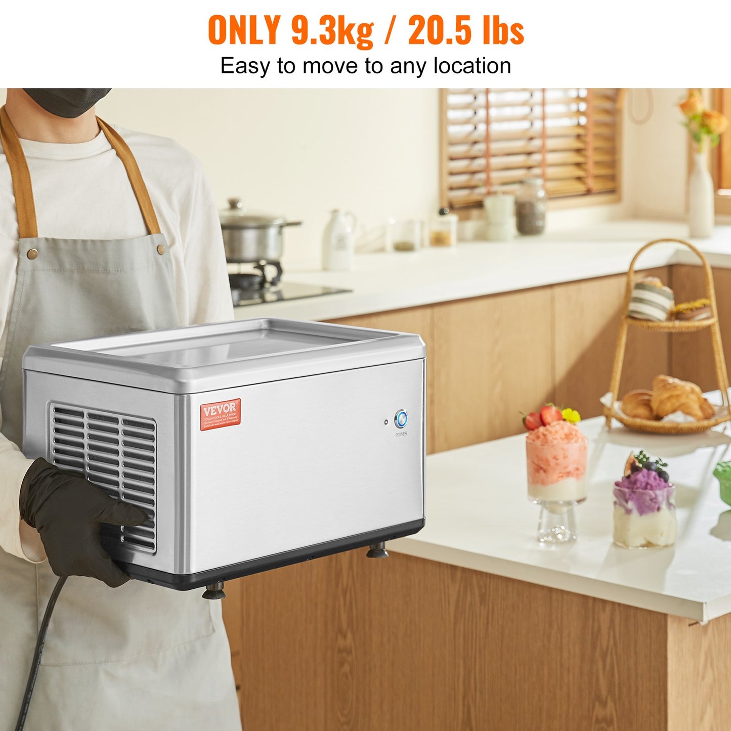 Fried Ice Cream Roll Machine, 12.6" x 8.5" Stir-Fried Ice Cream Pan, Stainless Steel Rolled Ice Cream Maker with Compressor and 2 Scrapers, for Making Ice Cream, Frozen Yogurt, Ice Cream Rolls