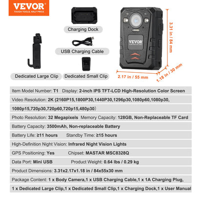 1440P HD Police Body Camera, 128GB Body Cam with Audio Video Recording Picture, Built-in 3500 mAh Battery, 2.0" LCD, Infrared Night Vision, Waterproof GPS Personal Body Cam for Law Enforcement