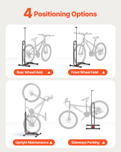 Bike Rack, Upright Bike Stand Floor for 16 to 27.5 Inch Mountain & Road Bikes, Vertical & Horizontal Bicycle Stand for Secure Parking and Storage in Garage, Truck Bed, Indoor, Outdoor, Black