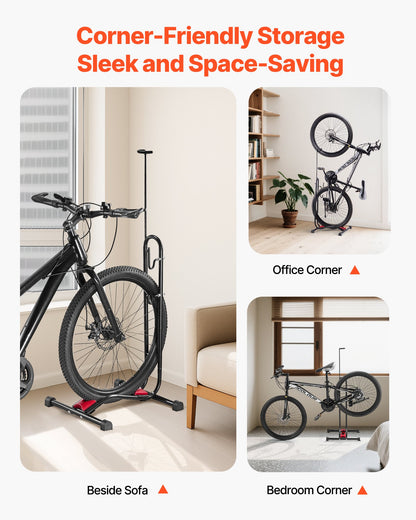 Bike Rack, Upright Bike Stand Floor for 16 to 27.5 Inch Mountain & Road Bikes, Vertical & Horizontal Bicycle Stand for Secure Parking and Storage in Garage, Truck Bed, Indoor, Outdoor, Black