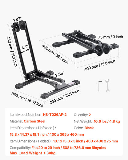 Bike Racks 2 Pack, Fits 20 to 29 Inch Mountain & Road Bikes, Alloy Steel Rust-Resistant Bike Floor Stand Rack, Foldable Bicycle Stand for Entryway, Garage, Home Bikes Parking & Storage, Black