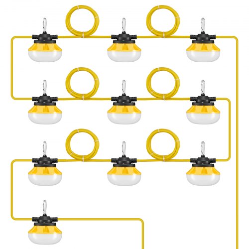100FT Construction String Lights, 100W 10000LM, 10PCs String Work Light, 5000K, IP65 Waterproof, with Hanging Hooks, for Construction Site, Temporary Lighting Indoor & Outdoor, ETL Listed