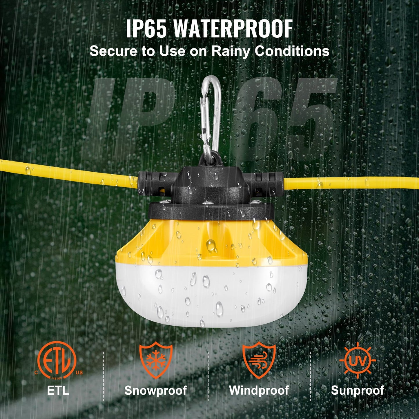 100FT Construction String Lights, 100W 10000LM, 10PCs String Work Light, 5000K, IP65 Waterproof, with Hanging Hooks, for Construction Site, Temporary Lighting Indoor & Outdoor, ETL Listed