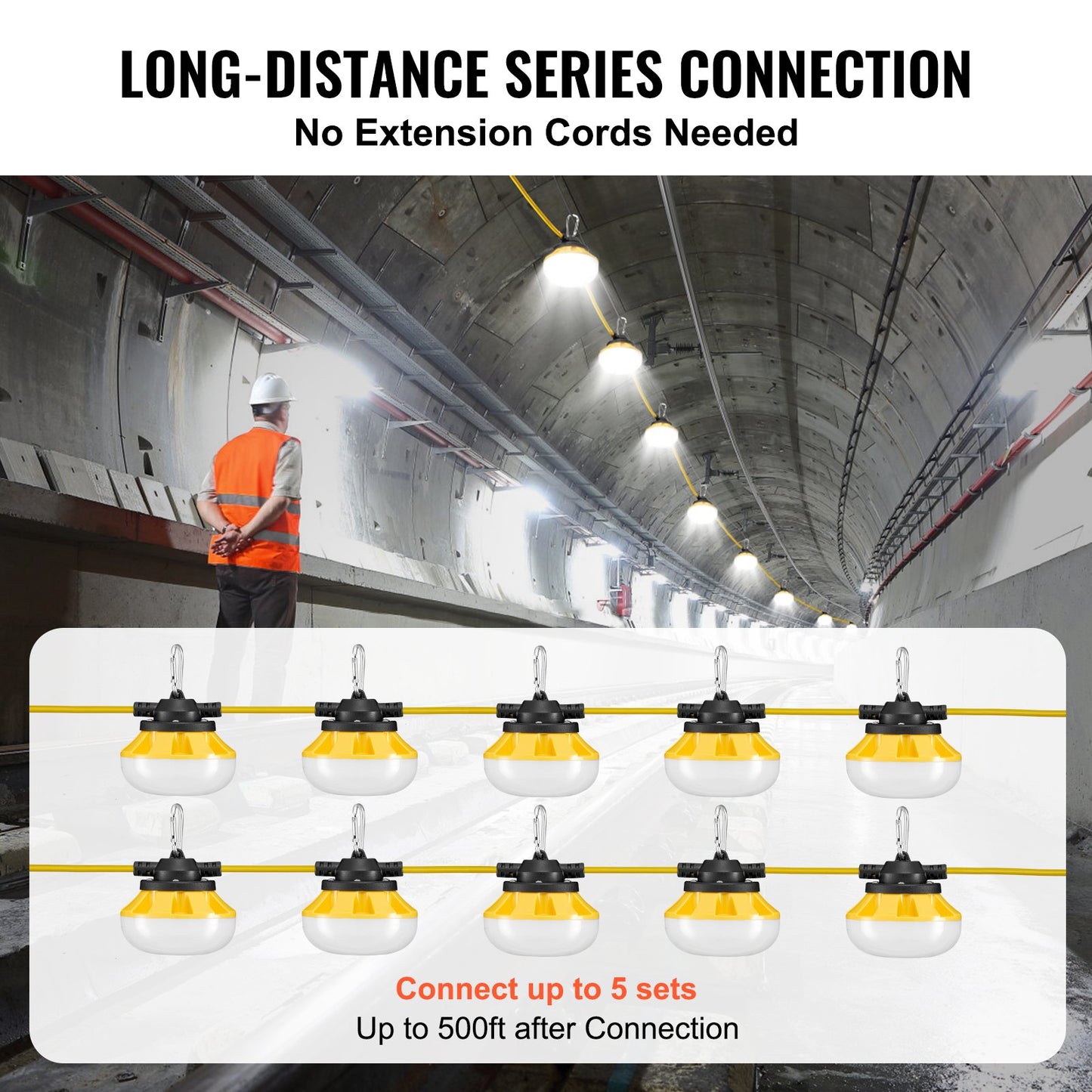 100FT Construction String Lights, 100W 10000LM, 10PCs String Work Light, 5000K, IP65 Waterproof, with Hanging Hooks, for Construction Site, Temporary Lighting Indoor & Outdoor, ETL Listed