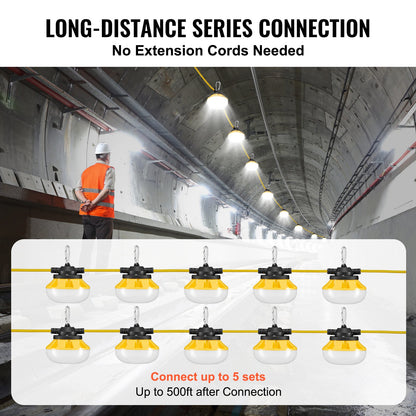 100FT Construction String Lights, 100W 10000LM, 10PCs String Work Light, 5000K, IP65 Waterproof, with Hanging Hooks, for Construction Site, Temporary Lighting Indoor & Outdoor, ETL Listed