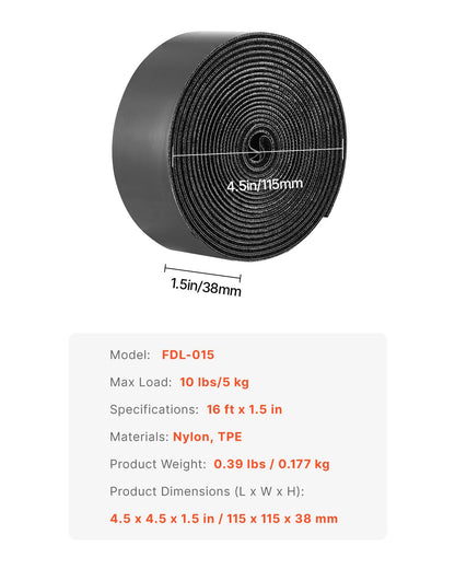 16 ft x 1.5 in Hook and Loop Tape, Hook Loop Heavy Duty Strips Rolls, Strong Nylon Self Adhesive Strips Roll, Sticky Back Fastener Tape Roll Ideal for Home Office School and Crafting, Black