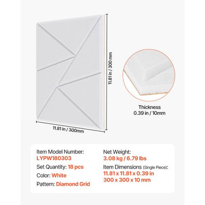 18-pack akustiska väggpaneler 28 x 28 x 1,8 cm självhäftande vita |  EU