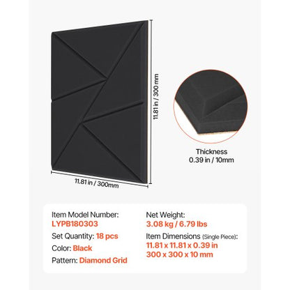 18er-Pack Akustik-Wandpaneele 28 x 28 x 1,8 cm selbstklebend schwarz | EU