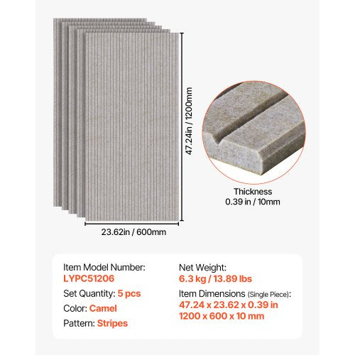 5er-Pack Akustik-Wandpaneele 120 x 60 x 1 cm selbstklebend kamelfarben