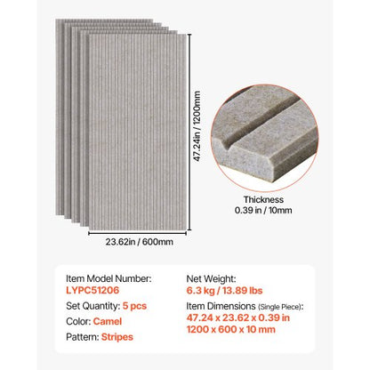 5er-Pack Akustik-Wandpaneele 120 x 60 x 1 cm selbstklebend kamelfarben