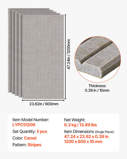 5 Pack Acoustic Panels with Self Adhesive, 47.2 x 23.6 x 0.4 inch Sound Proof Foam Panels, Polyester Fiber Soundproof Wall Panels High Density, for Home, Studio, Office, Theater, Camel
