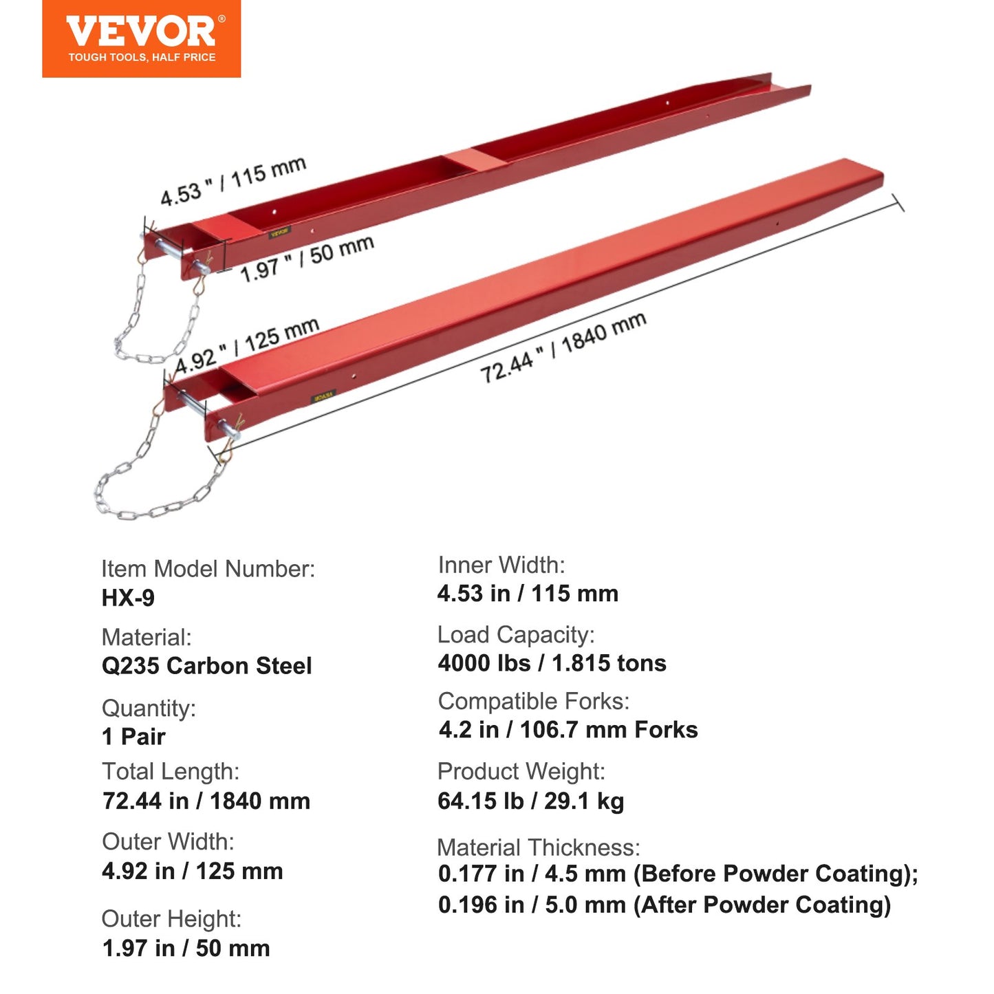 Pallet Fork Extensions, 72" Length 4.5" Width, Heavy Duty Carbon Steel Fork Extensions for Forklifts, 1 Pair Forklift Extensions with Pins, Forklift Fork Attachments for Forklift Truck, Red