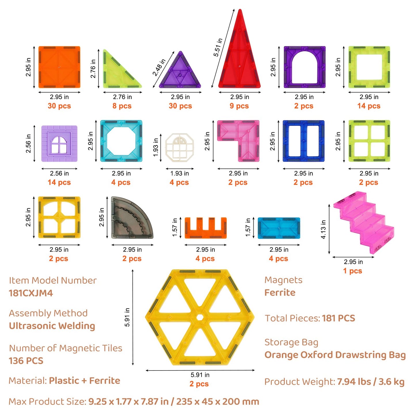 Magnetische Fliesen Magnetisches Bauspielzeug 181PCS Magnetblöcke für Kinder 3D-Set