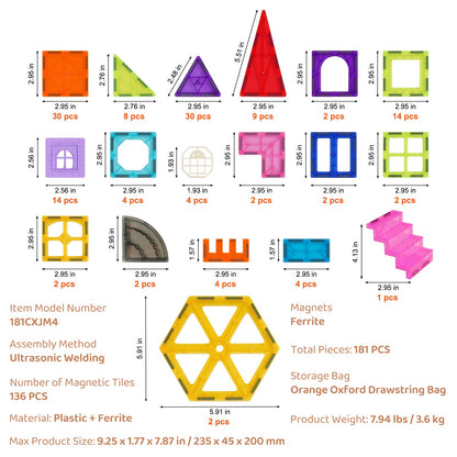 Magnetische Fliesen Magnetisches Bauspielzeug 181PCS Magnetblöcke für Kinder 3D-Set