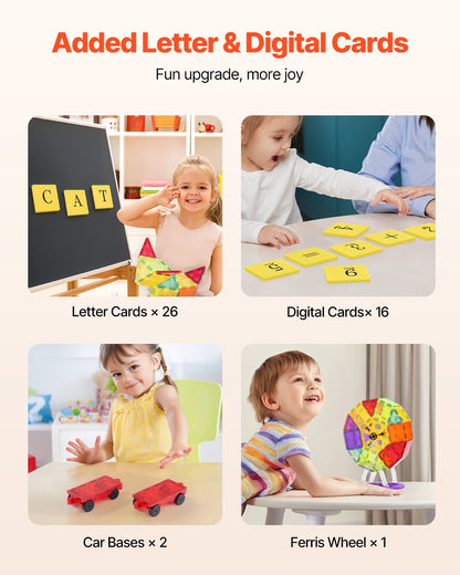 Magnetic Tiles, 181 PCS Magnetic Building Blocks for Kids, Magnet Building Set with Car Bases/Ferris Wheel/Letter & Digital Cards, STEM Construction Stacking Toys for Toddlers Boys Girls Aged 5+