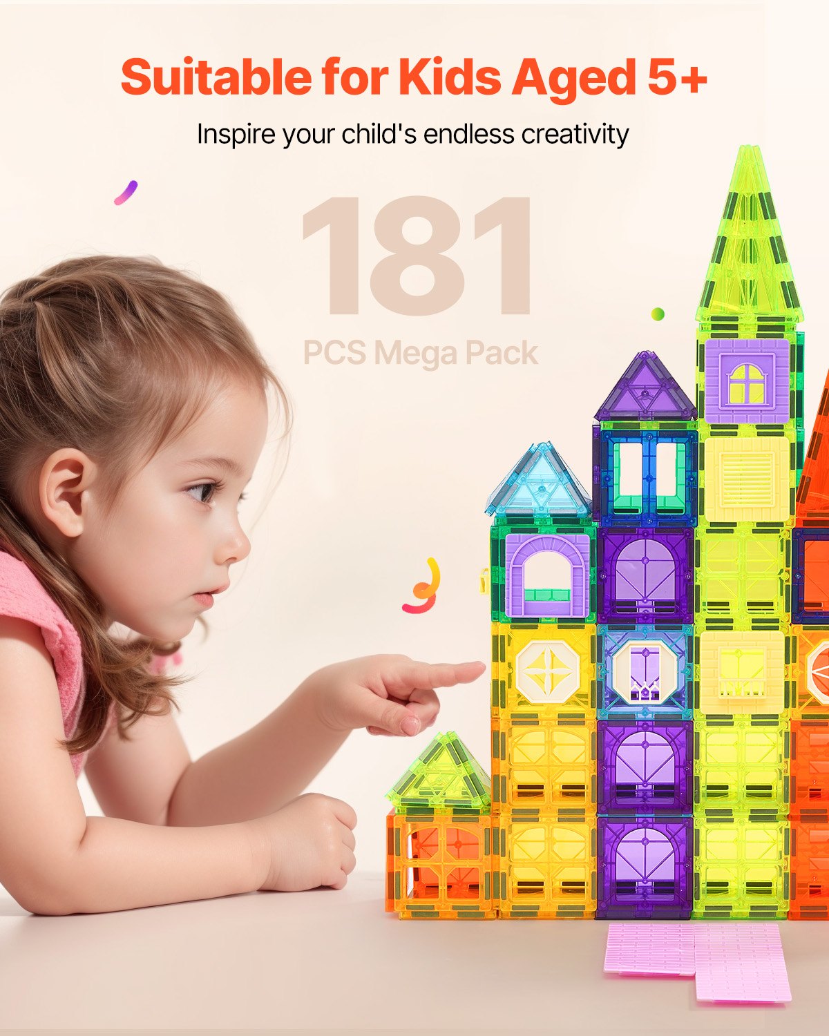 Magnetic Tiles, 181 PCS Magnetic Building Blocks for Kids, Magnet Building Set with Car Bases/Ferris Wheel/Letter & Digital Cards, STEM Construction Stacking Toys for Toddlers Boys Girls Aged 5+