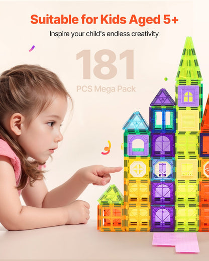 Magnetic Tiles, 181 PCS Magnetic Building Blocks for Kids, Magnet Building Set with Car Bases/Ferris Wheel/Letter & Digital Cards, STEM Construction Stacking Toys for Toddlers Boys Girls Aged 5+