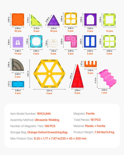 Magnetic Tiles, 181 PCS Magnetic Building Blocks for Kids, Magnet Building Set with Car Bases/Ferris Wheel/Letter & Digital Cards, STEM Construction Stacking Toys for Toddlers Boys Girls Aged 5+