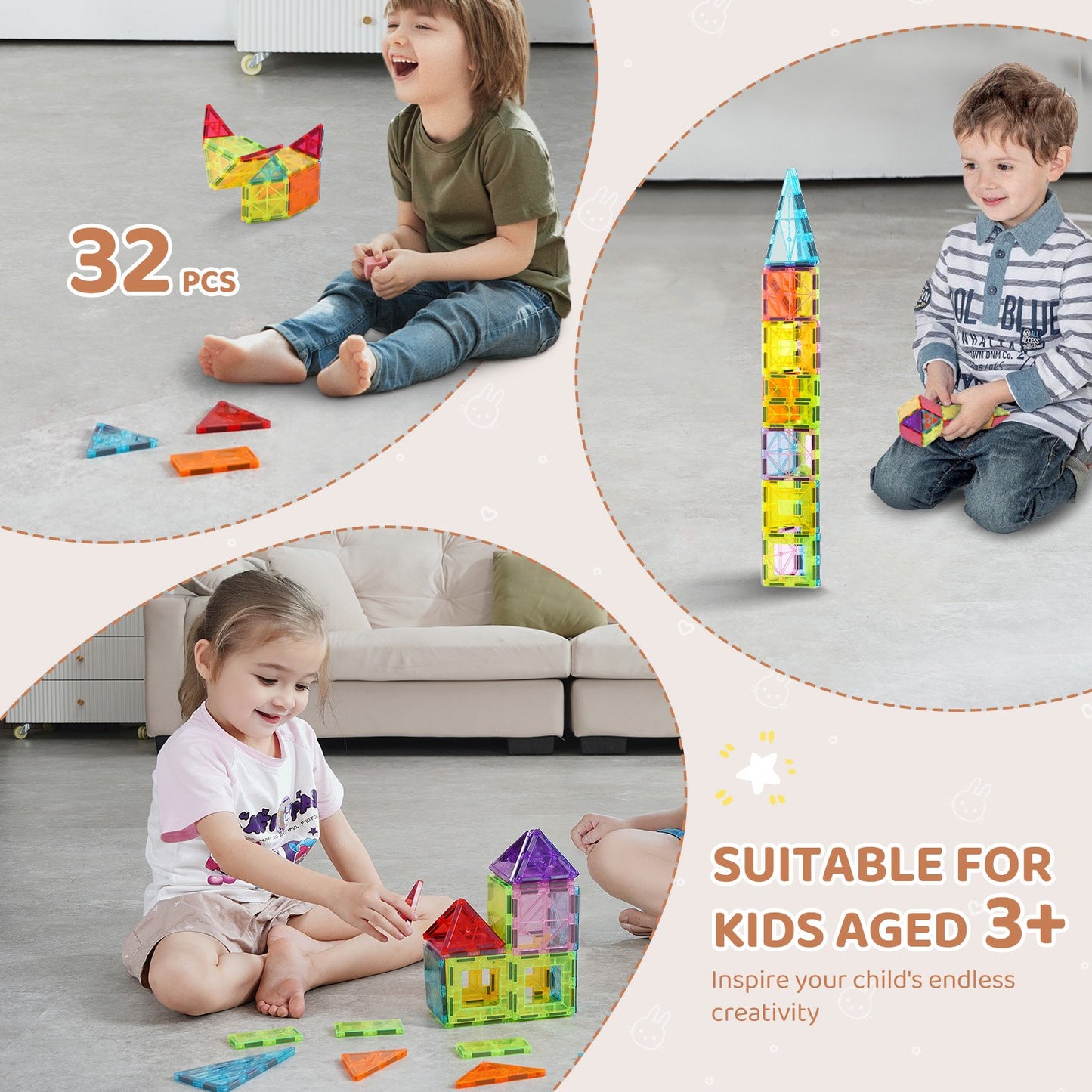 Magnetische Fliesen Magnetisches Bauspielzeug 32 PCS Magnetblöcke für Kinder 3D-Set