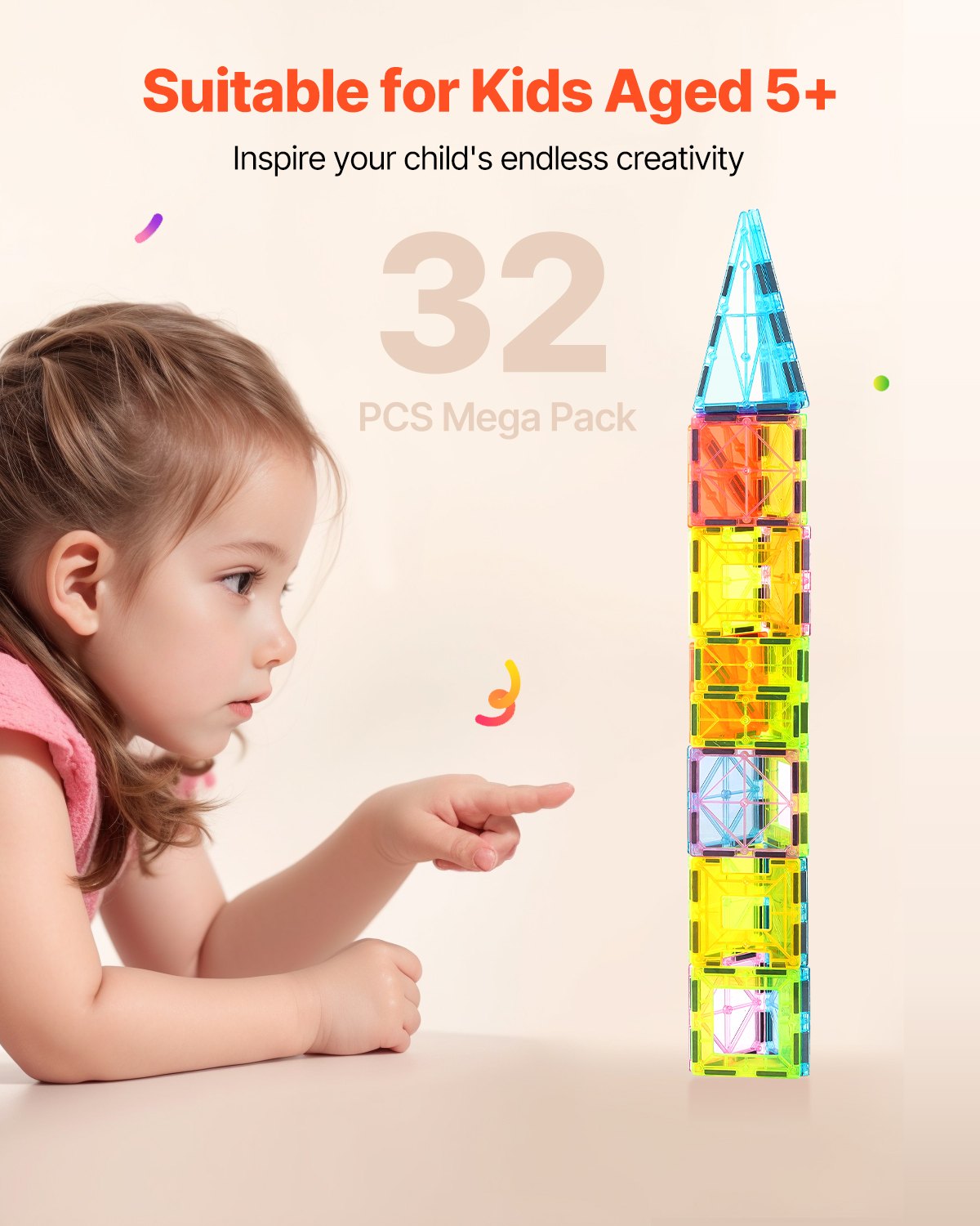 Magnetic Tiles, 32 PCS Magnetic Building Blocks for Kids, Magnet Building Set with Storage Bag, STEM Sensory Educational Construction Stacking Toys Gift for Toddlers Boys and Girls 3+ Year Old