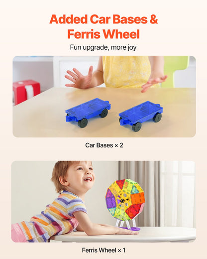 Magnetic Tiles, 180 PCS Magnetic Building Blocks for Kids, Magnet Building Set with 2 Car Bases & Ferris Wheel Stand, STEM Educational Construction Stacking Toys for Toddlers Boys Girls Aged 5+