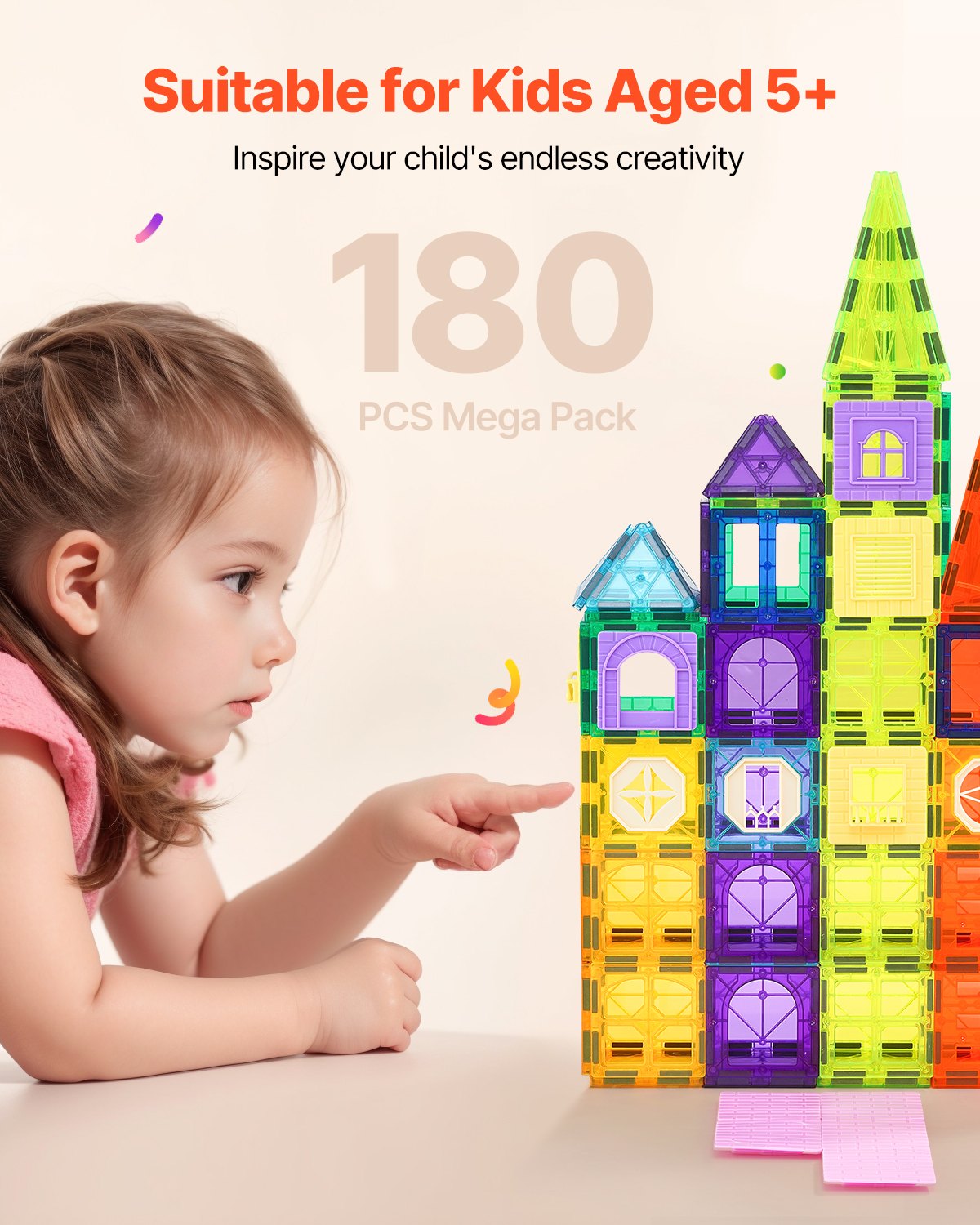 Magnetic Tiles, 180 PCS Magnetic Building Blocks for Kids, Magnet Building Set with 2 Car Bases & Ferris Wheel Stand, STEM Educational Construction Stacking Toys for Toddlers Boys Girls Aged 5+