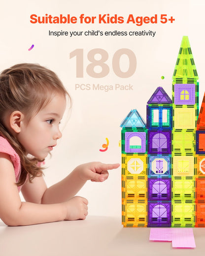 Magnetic Tiles, 180 PCS Magnetic Building Blocks for Kids, Magnet Building Set with 2 Car Bases & Ferris Wheel Stand, STEM Educational Construction Stacking Toys for Toddlers Boys Girls Aged 5+